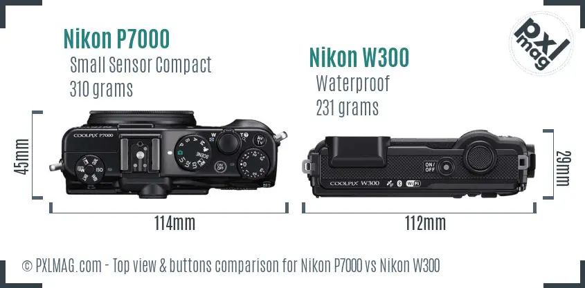 Nikon P7000 vs Nikon W300 top view buttons comparison