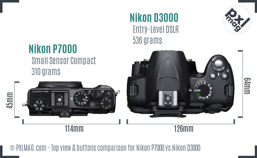 Nikon P7000 vs Nikon D3000 top view buttons comparison