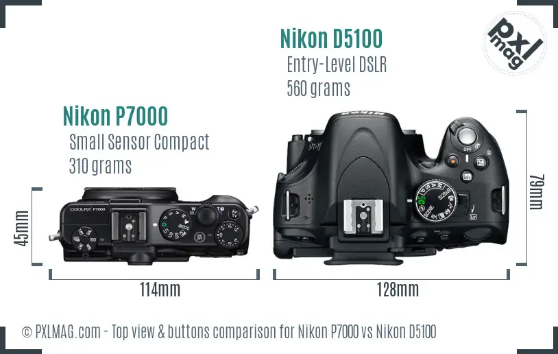 Nikon P7000 vs Nikon D5100 top view buttons comparison Nikon P7000 vs Nikon D5100 top view buttons comparison