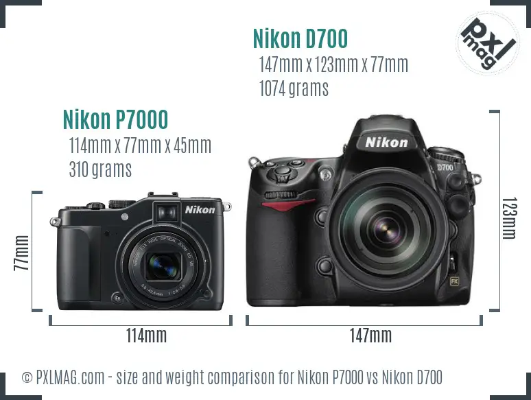 Nikon P7000 vs Nikon D700 size comparison