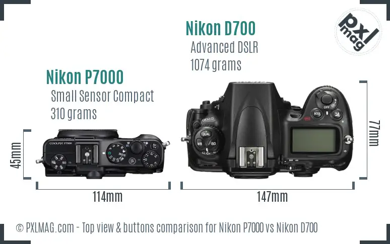 Nikon P7000 vs Nikon D700 top view buttons comparison