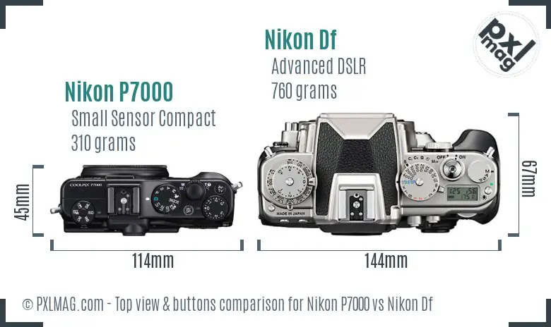 Nikon P7000 vs Nikon Df top view buttons comparison Nikon P7000 vs Nikon Df top view buttons comparison