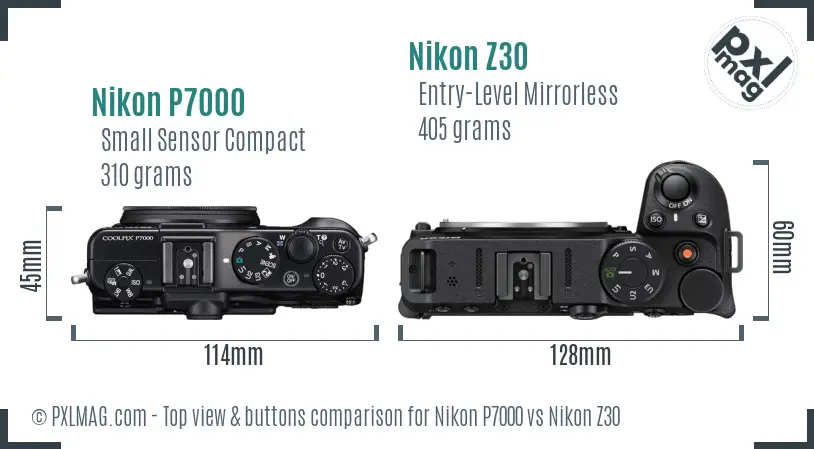 Nikon P7000 vs Nikon Z30 top view buttons comparison Nikon P7000 vs Nikon Z30 top view buttons comparison