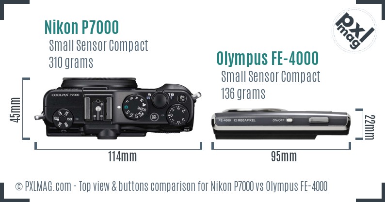 Nikon P7000 vs Olympus FE-4000 top view buttons comparison