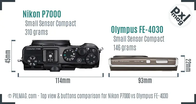 Nikon P7000 vs Olympus FE-4030 top view buttons comparison