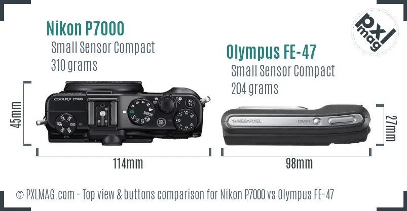 Nikon P7000 vs Olympus FE-47 top view buttons comparison