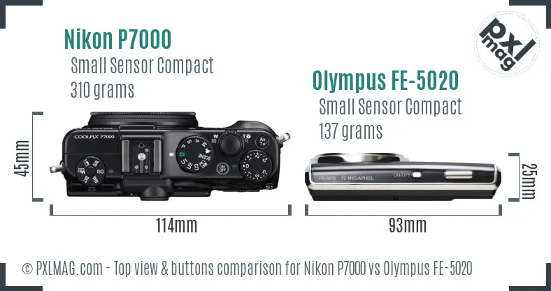 Nikon P7000 vs Olympus FE-5020 top view buttons comparison