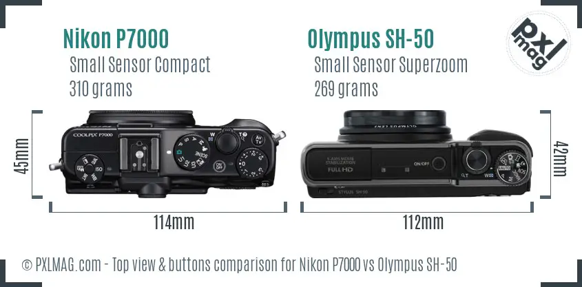 Nikon P7000 vs Olympus SH-50 top view buttons comparison