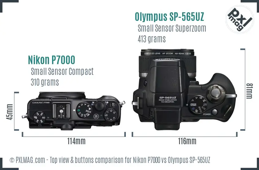 Nikon P7000 vs Olympus SP-565UZ top view buttons comparison