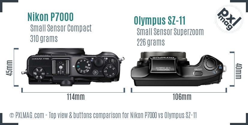 Nikon P7000 vs Olympus SZ-11 top view buttons comparison