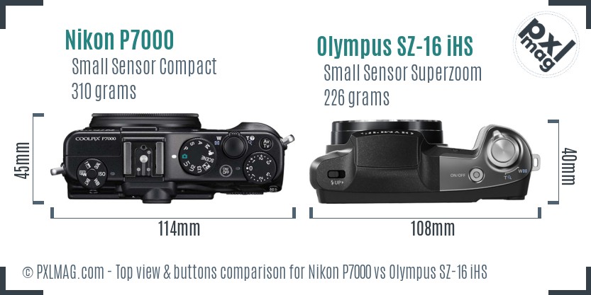 Nikon P7000 vs Olympus SZ-16 iHS top view buttons comparison
