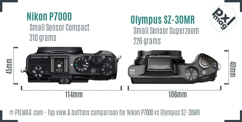 Nikon P7000 vs Olympus SZ-30MR top view buttons comparison