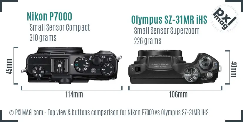 Nikon P7000 vs Olympus SZ-31MR iHS top view buttons comparison