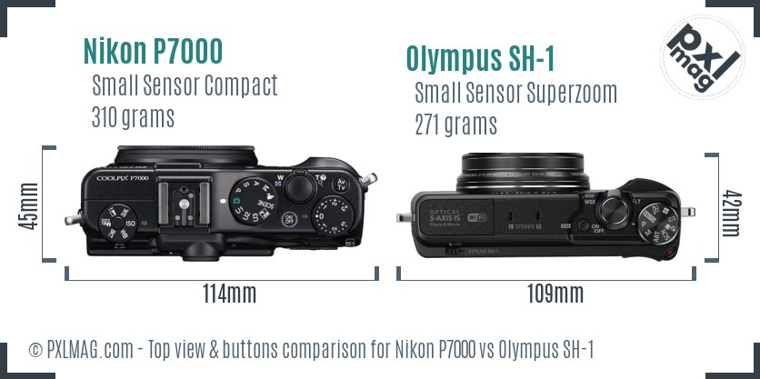 Nikon P7000 vs Olympus SH-1 top view buttons comparison