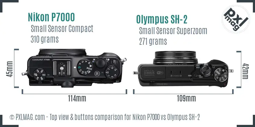 Nikon P7000 vs Olympus SH-2 top view buttons comparison Nikon P7000 vs Olympus SH-2 top view buttons comparison