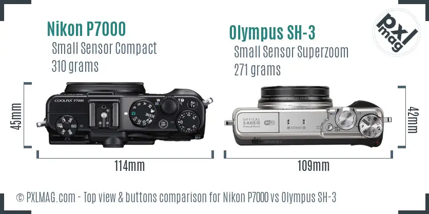 Nikon P7000 vs Olympus SH-3 top view buttons comparison