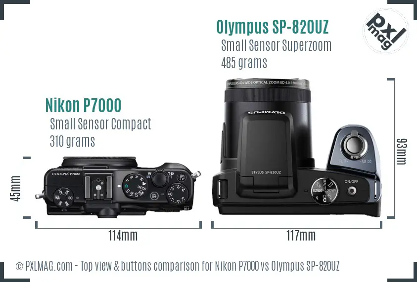 Nikon P7000 vs Olympus SP-820UZ top view buttons comparison Nikon P7000 vs Olympus SP-820UZ top view buttons comparison