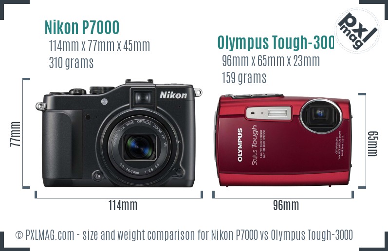 Nikon P7000 vs Olympus Tough-3000 size comparison