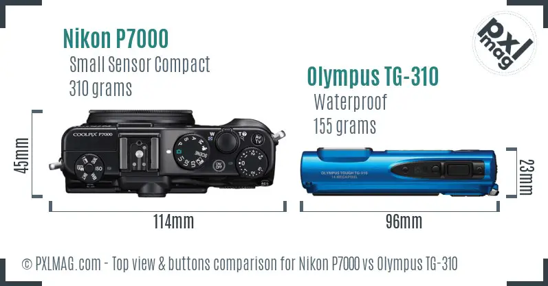 Nikon P7000 vs Olympus TG-310 top view buttons comparison