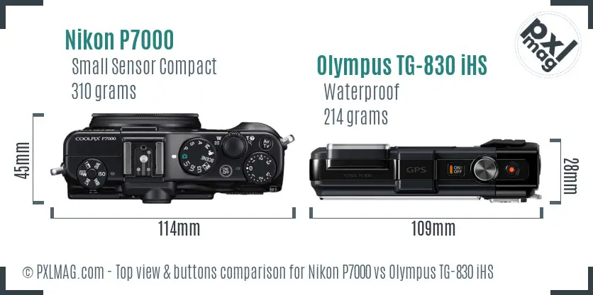 Nikon P7000 vs Olympus TG-830 iHS top view buttons comparison