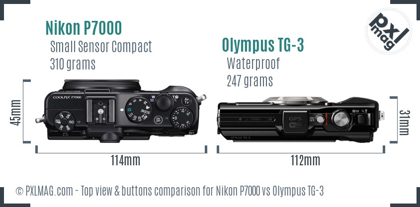 Nikon P7000 vs Olympus TG-3 top view buttons comparison