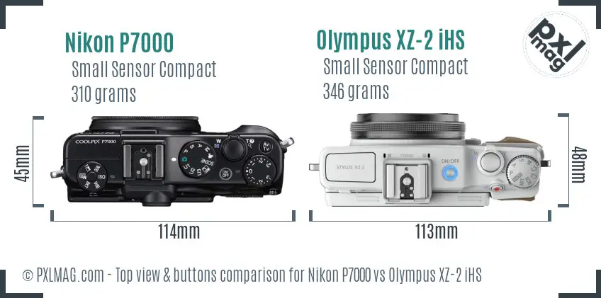 Nikon P7000 vs Olympus XZ-2 iHS top view buttons comparison