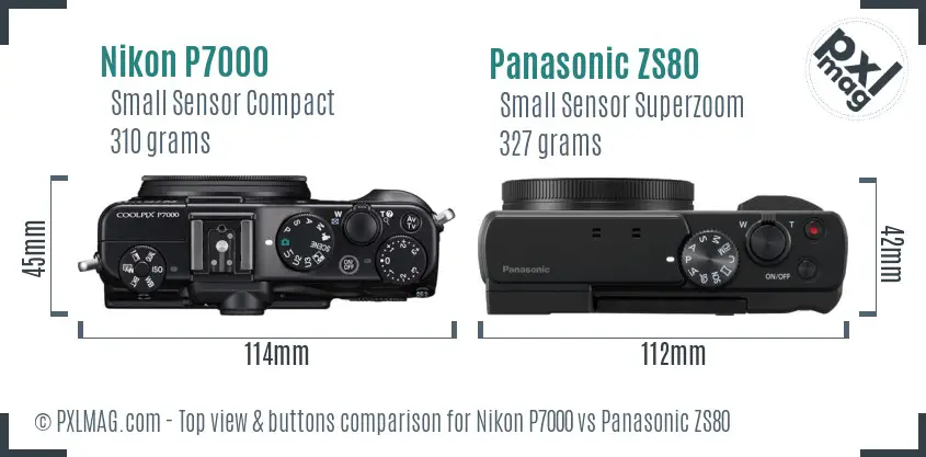 Nikon P7000 vs Panasonic ZS80 top view buttons comparison Nikon P7000 vs Panasonic ZS80 top view buttons comparison