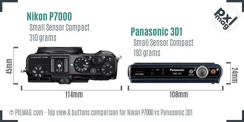 Nikon P7000 vs Panasonic 3D1 top view buttons comparison Nikon P7000 vs Panasonic 3D1 top view buttons comparison