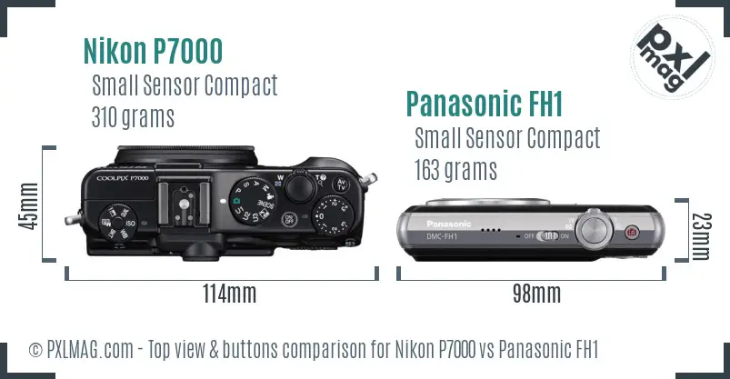 Nikon P7000 vs Panasonic FH1 top view buttons comparison Nikon P7000 vs Panasonic FH1 top view buttons comparison
