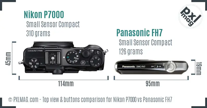 Nikon P7000 vs Panasonic FH7 top view buttons comparison Nikon P7000 vs Panasonic FH7 top view buttons comparison