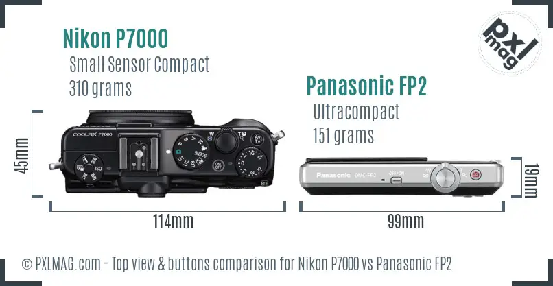 Nikon P7000 vs Panasonic FP2 top view buttons comparison