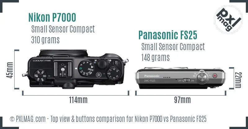 Nikon P7000 vs Panasonic FS25 top view buttons comparison