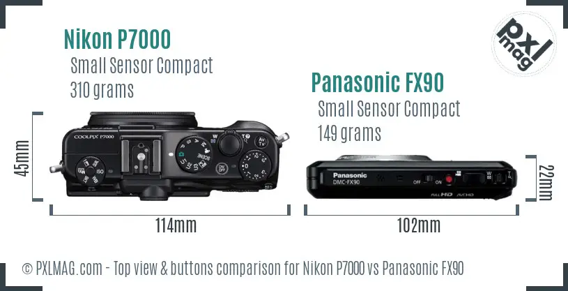 Nikon P7000 vs Panasonic FX90 top view buttons comparison