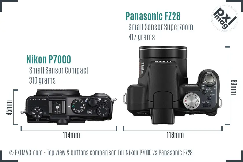 Nikon P7000 vs Panasonic FZ28 top view buttons comparison Nikon P7000 vs Panasonic FZ28 top view buttons comparison