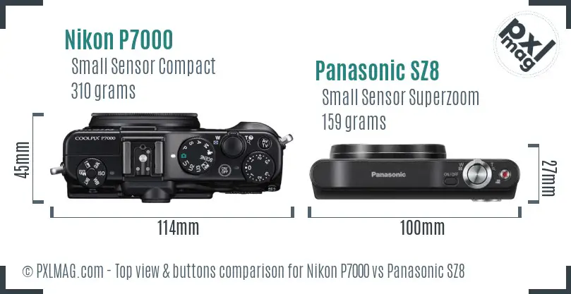 Nikon P7000 vs Panasonic SZ8 top view buttons comparison Nikon P7000 vs Panasonic SZ8 top view buttons comparison