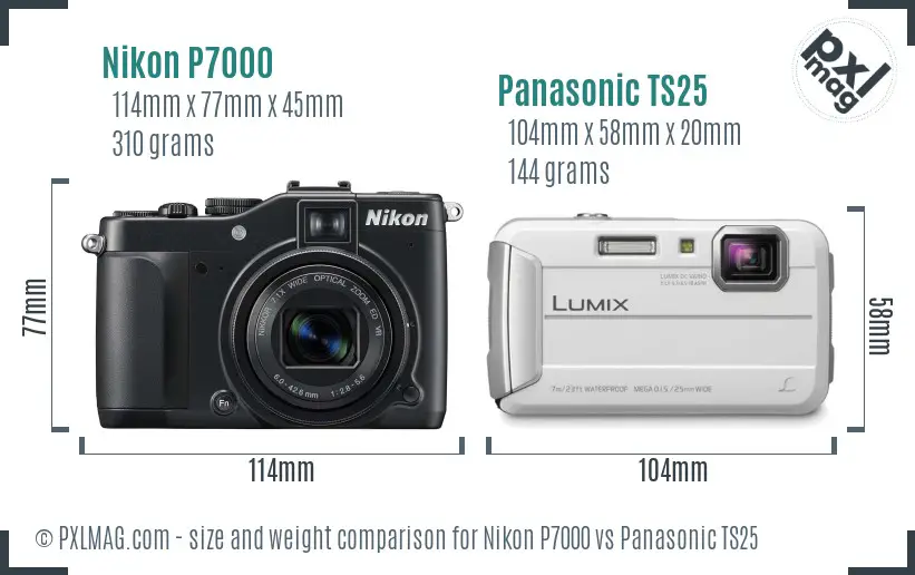Nikon P7000 vs Panasonic TS25 size comparison