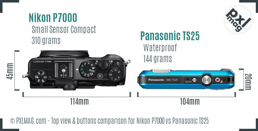 Nikon P7000 vs Panasonic TS25 top view buttons comparison