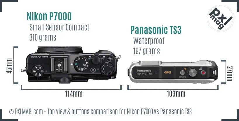 Nikon P7000 vs Panasonic TS3 top view buttons comparison Nikon P7000 vs Panasonic TS3 top view buttons comparison