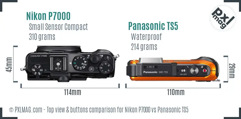 Nikon P7000 vs Panasonic TS5 top view buttons comparison