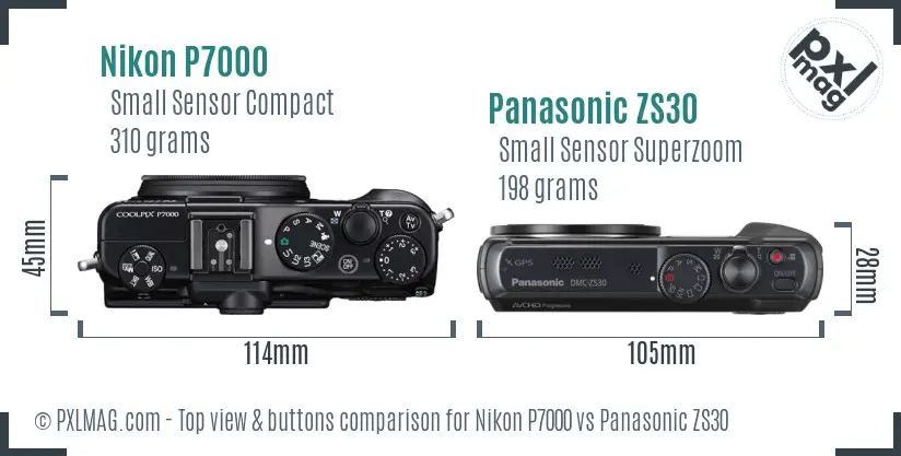 Nikon P7000 vs Panasonic ZS30 top view buttons comparison Nikon P7000 vs Panasonic ZS30 top view buttons comparison