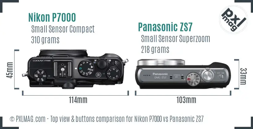 Nikon P7000 vs Panasonic ZS7 top view buttons comparison