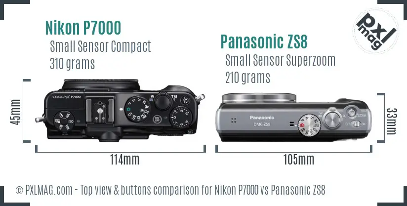 Nikon P7000 vs Panasonic ZS8 top view buttons comparison Nikon P7000 vs Panasonic ZS8 top view buttons comparison