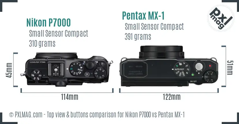 Nikon P7000 vs Pentax MX-1 top view buttons comparison