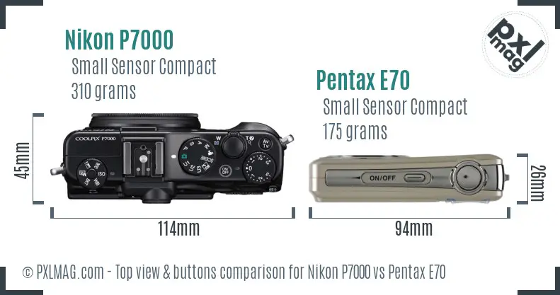 Nikon P7000 vs Pentax E70 top view buttons comparison