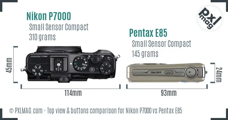 Nikon P7000 vs Pentax E85 top view buttons comparison