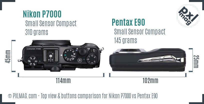 Nikon P7000 vs Pentax E90 top view buttons comparison