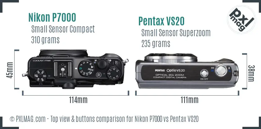 Nikon P7000 vs Pentax VS20 top view buttons comparison