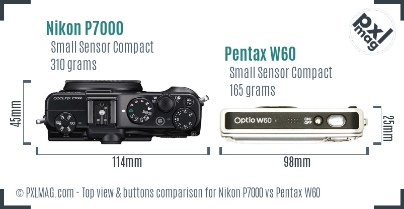 Nikon P7000 vs Pentax W60 top view buttons comparison