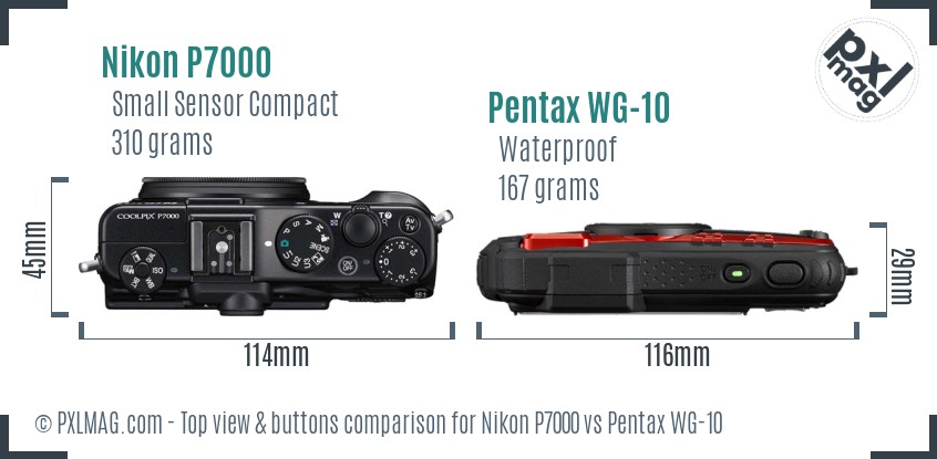 Nikon P7000 vs Pentax WG-10 top view buttons comparison
