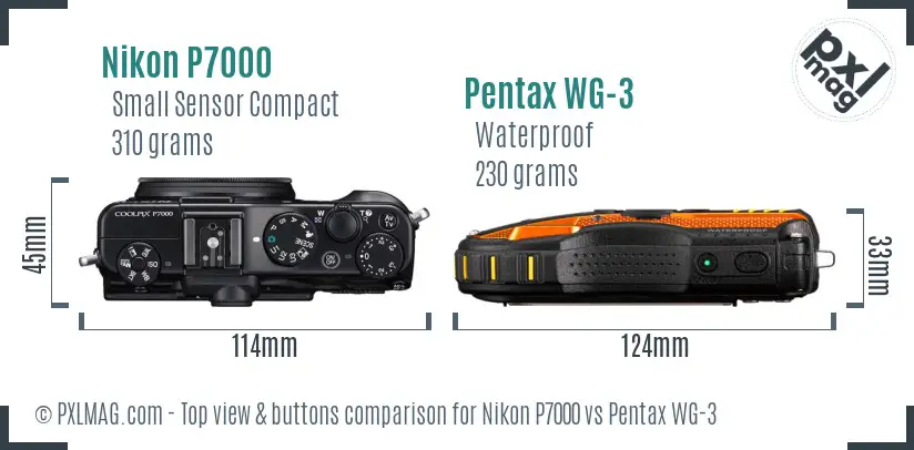 Nikon P7000 vs Pentax WG-3 top view buttons comparison